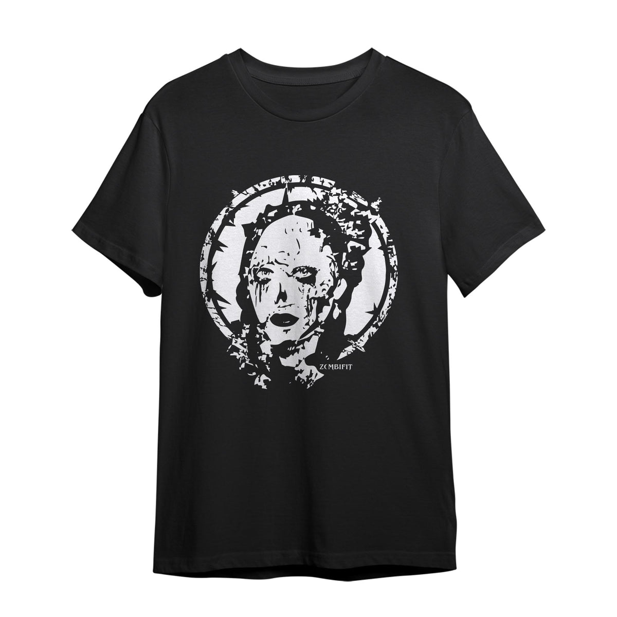 Penelope T-shirt by Zombifit: white print of a ghostly face with black tears on a black tee