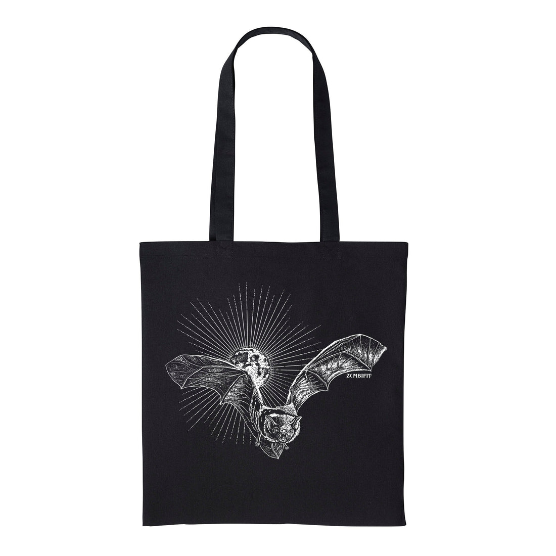 Black tote bag with a white bat design on a white background