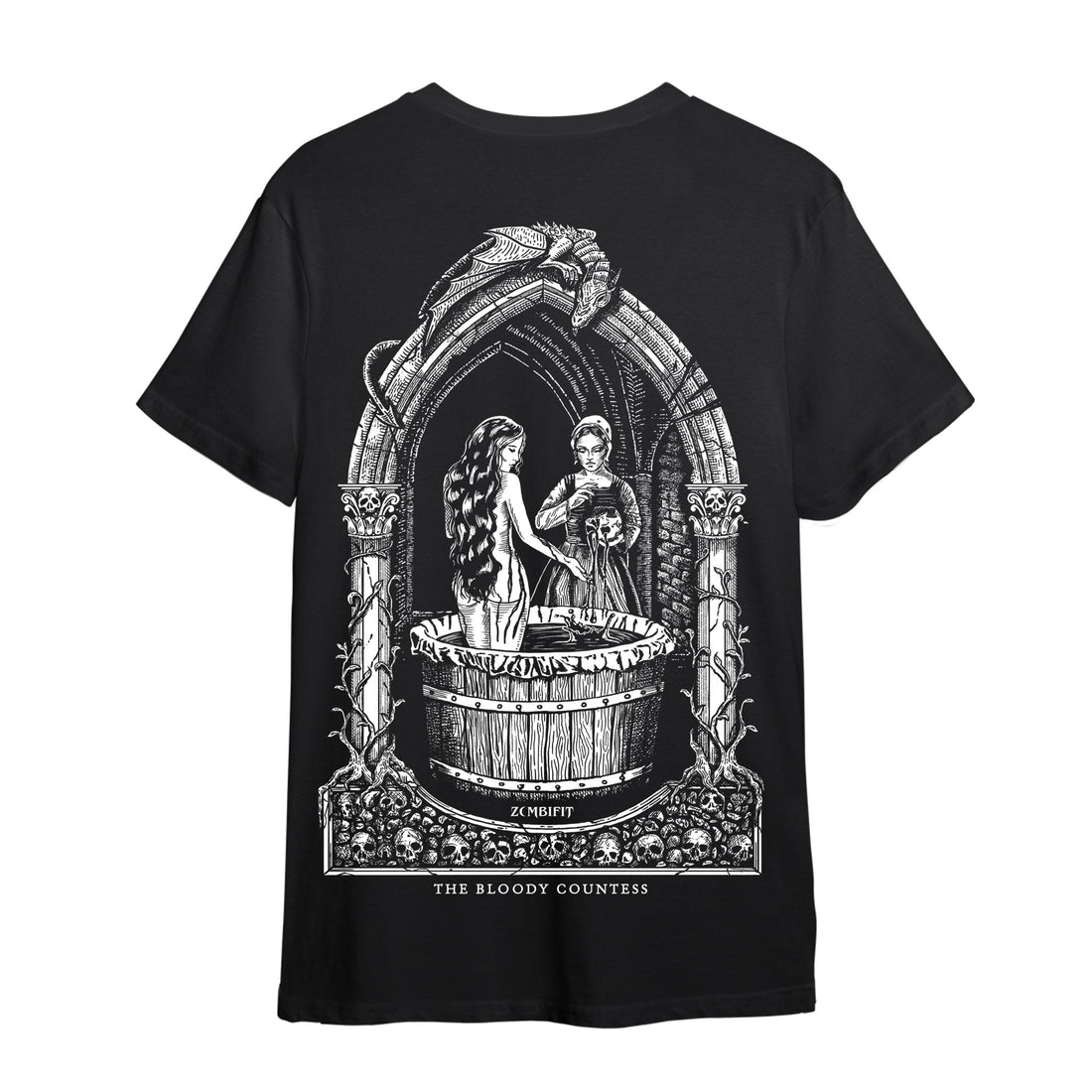 Black t-shirt with a gothic design of a woman and child in a well on the back, on a white background.
