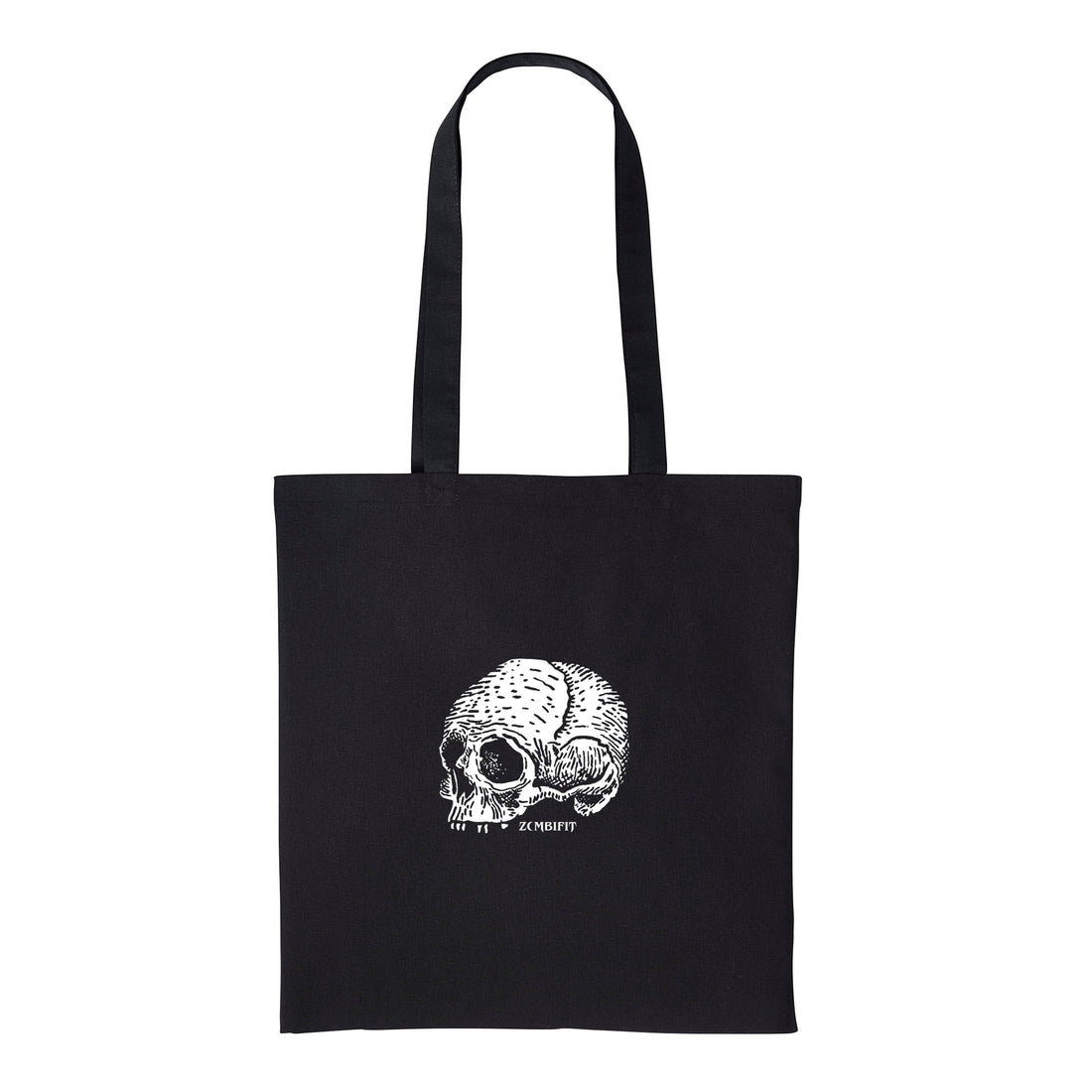 Black tote bag with a white skull design on a white background