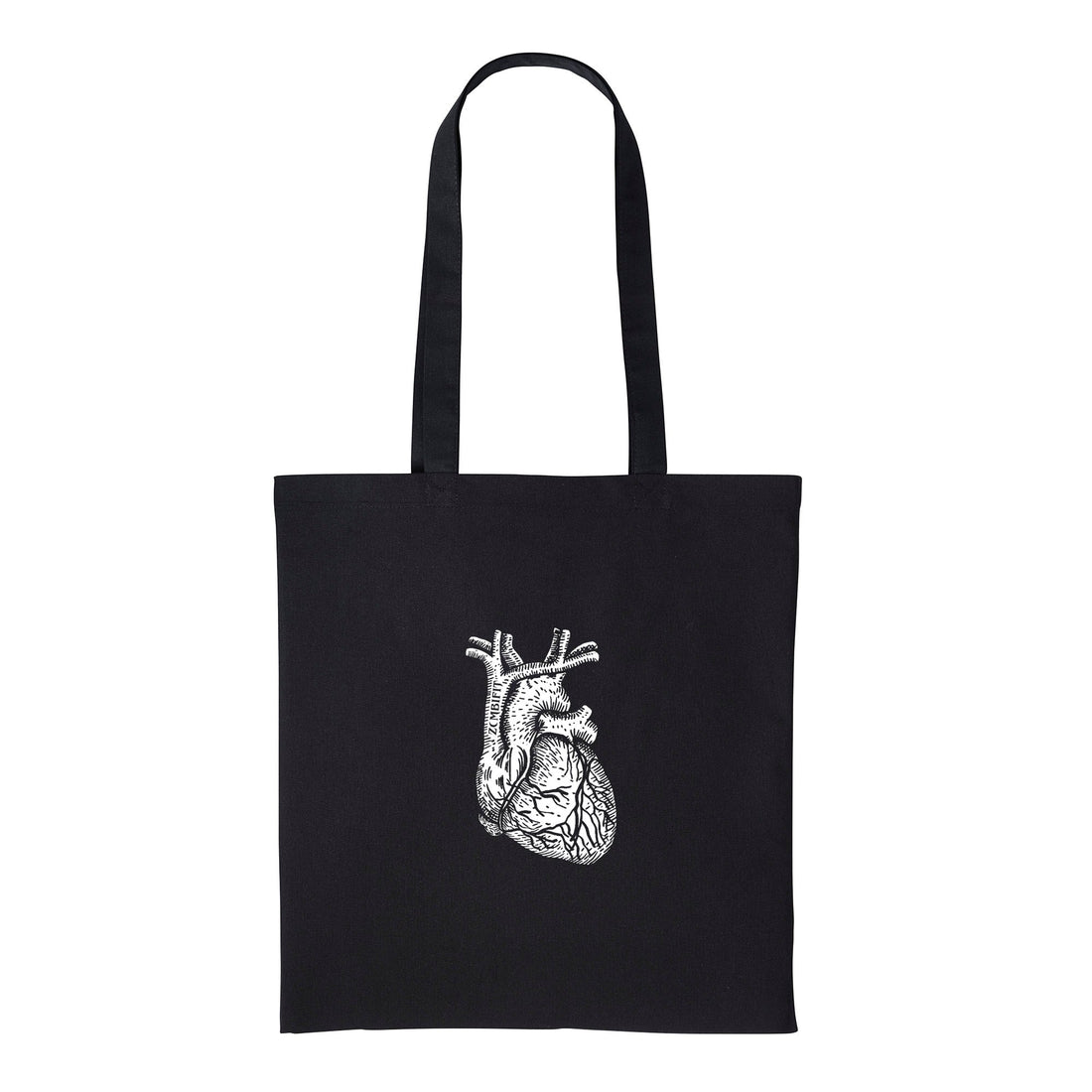 Black tote bag with a white anatomical heart design on a white background