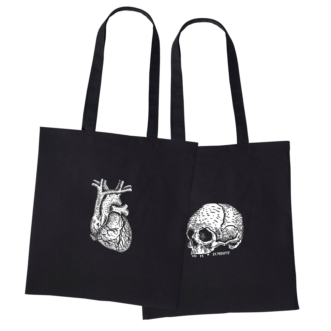 Two black tote bags with white graphic designs on a white background