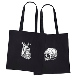 Black Skull & Heart Tote Bag – Gothic 100% Cotton Shopping Bag, Zombifit