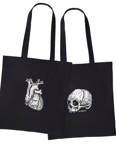 Black Skull & Heart Tote Bag – Gothic 100% Cotton Shopping Bag, Zombifit