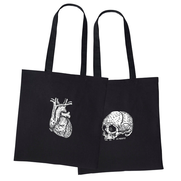 Black Skull & Heart Tote Bag – Gothic 100% Cotton Shopping Bag, Zombifit