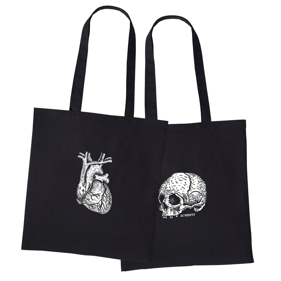 Black Skull & Heart Tote Bag – Gothic 100% Cotton Shopping Bag, Zombifit