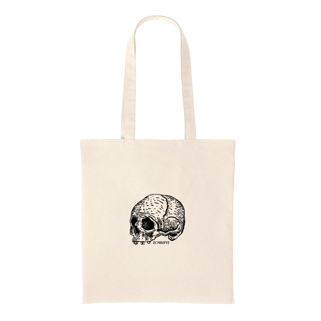 Beige tote bag with a black skull design on a white background