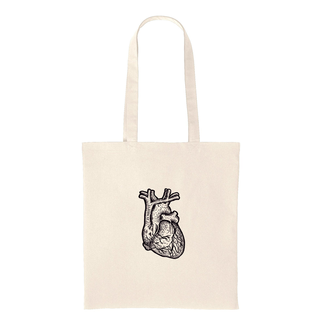 Beige tote bag with a black anatomical heart design on a white background