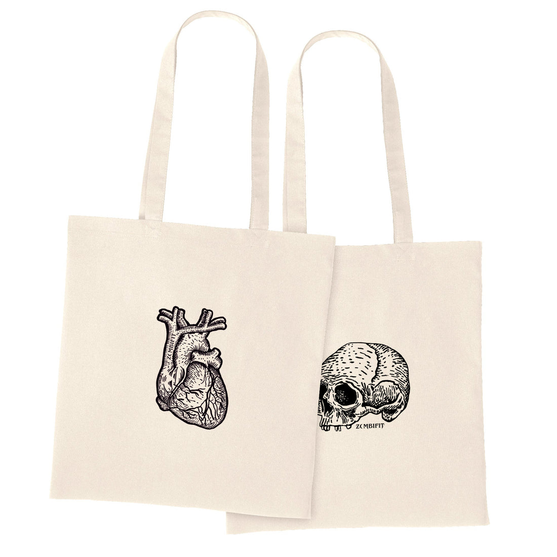 Two tote bags with anatomical heart and skull designs on a white background
