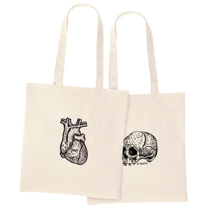 Natural Skull & Heart Tote Bag – Gothic 100% Cotton Shopping Bag, Zombifit