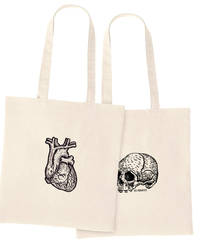 Natural Skull & Heart Tote Bag – Gothic 100% Cotton Shopping Bag, Zombifit