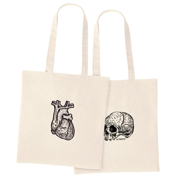 Natural Skull & Heart Tote Bag – Gothic 100% Cotton Shopping Bag, Zombifit