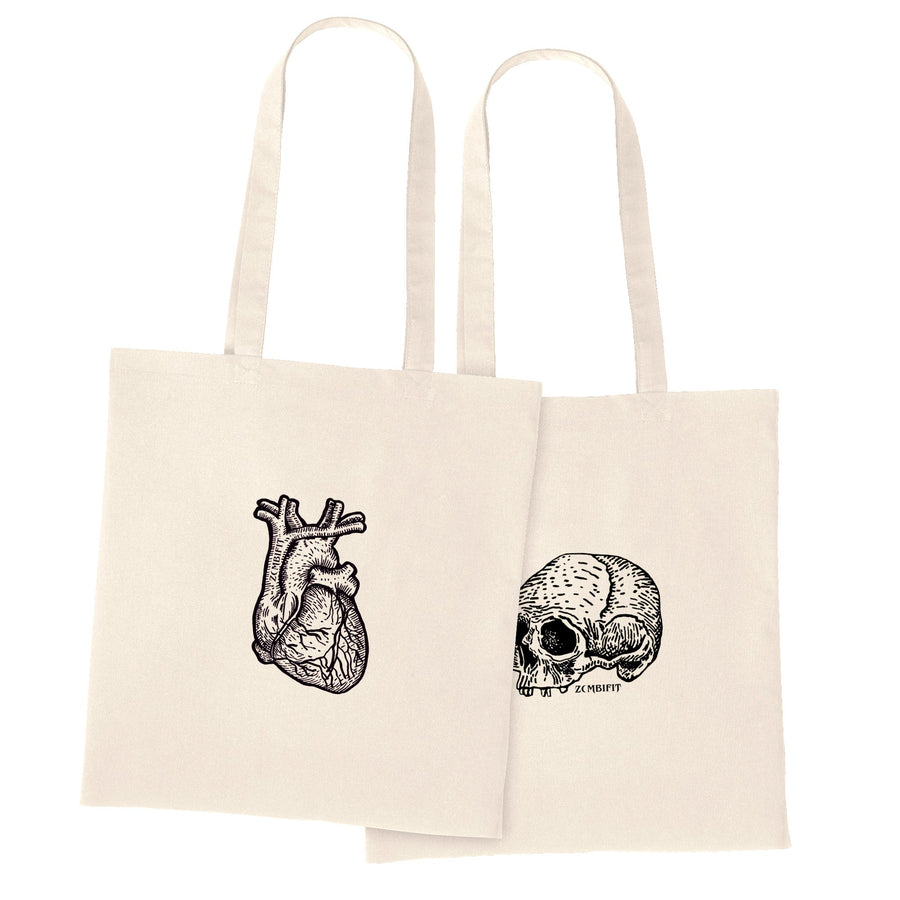 Natural Skull & Heart Tote Bag – Gothic 100% Cotton Shopping Bag, Zombifit
