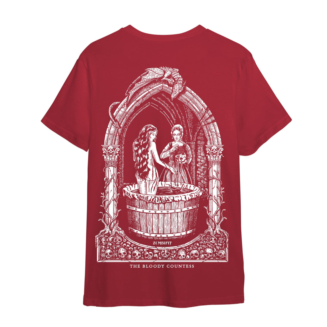 Red t-shirt with a white graphic design on the back, featuring two figures and decorative elements.