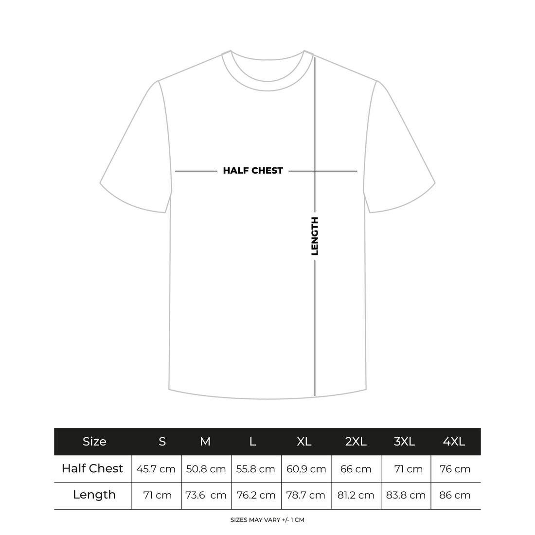T-shirt size chart with measurements on a white background