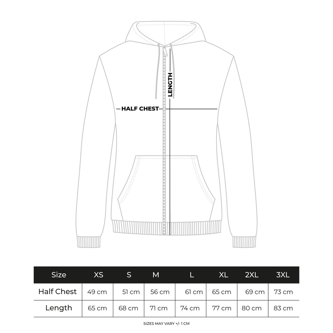 Hoodie with measurement chart on a white background