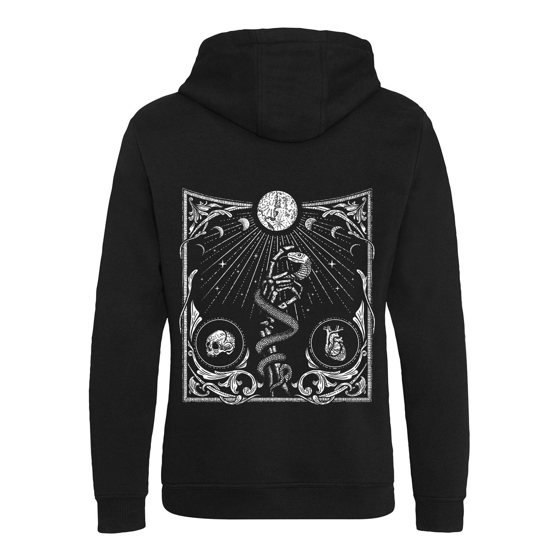 Black hoodie with intricate white design on the back against a white background