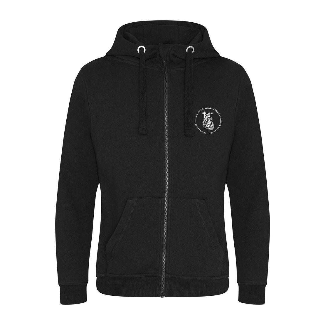 Black hoodie with a logo on the chest against a white background