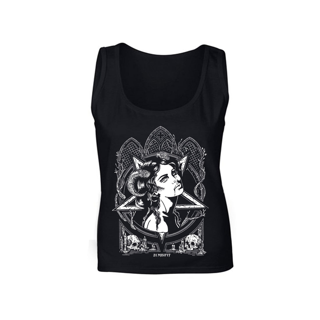 Black tank top with a graphic design on a white background