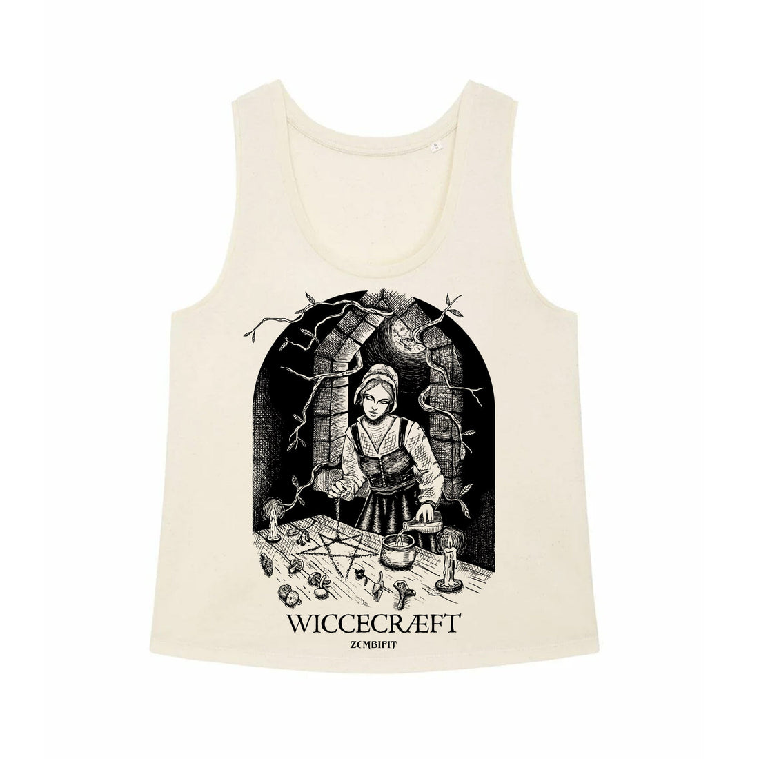 Beige tank top with black graphic design of a woman and text on a white background