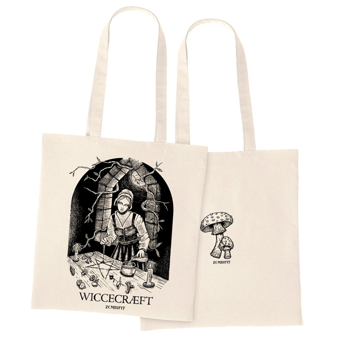 Tote bag with black and white illustrations 