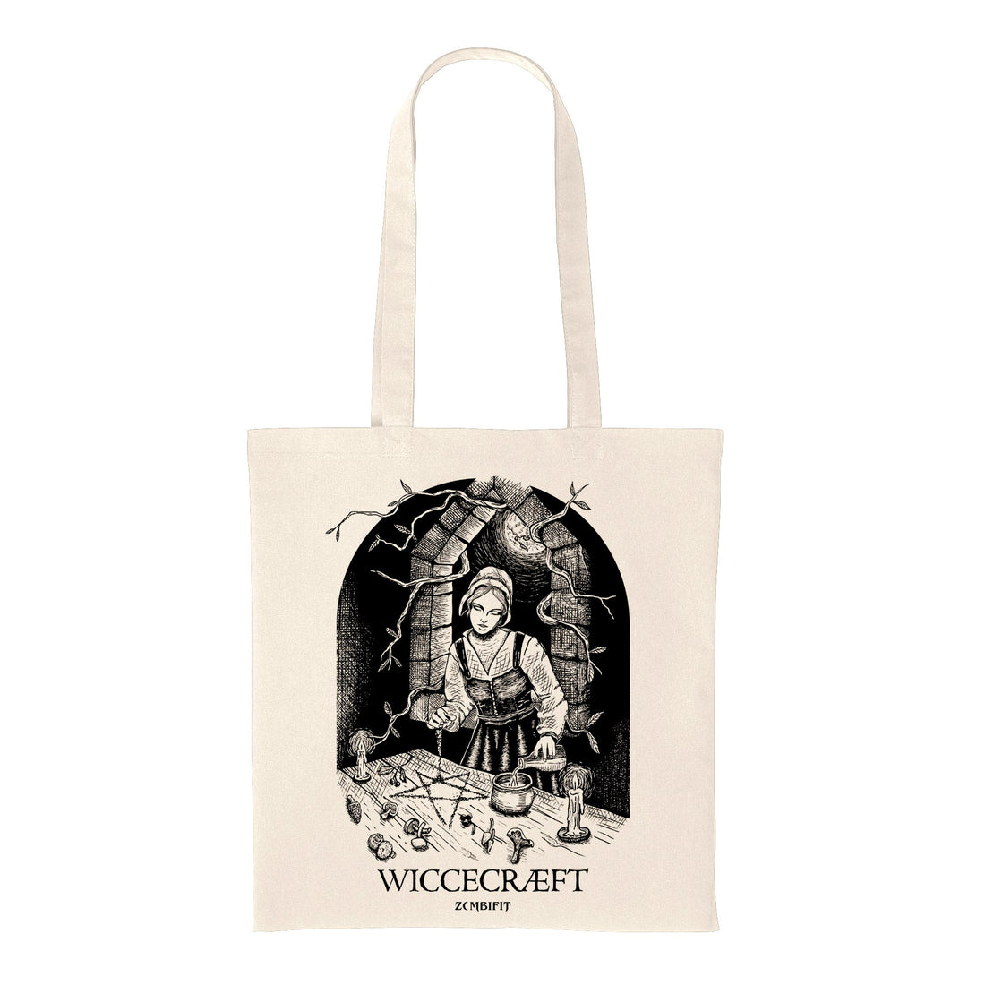 Tote bag with black and white illustration of a woman and text 'WICCECRAFT' on a white background