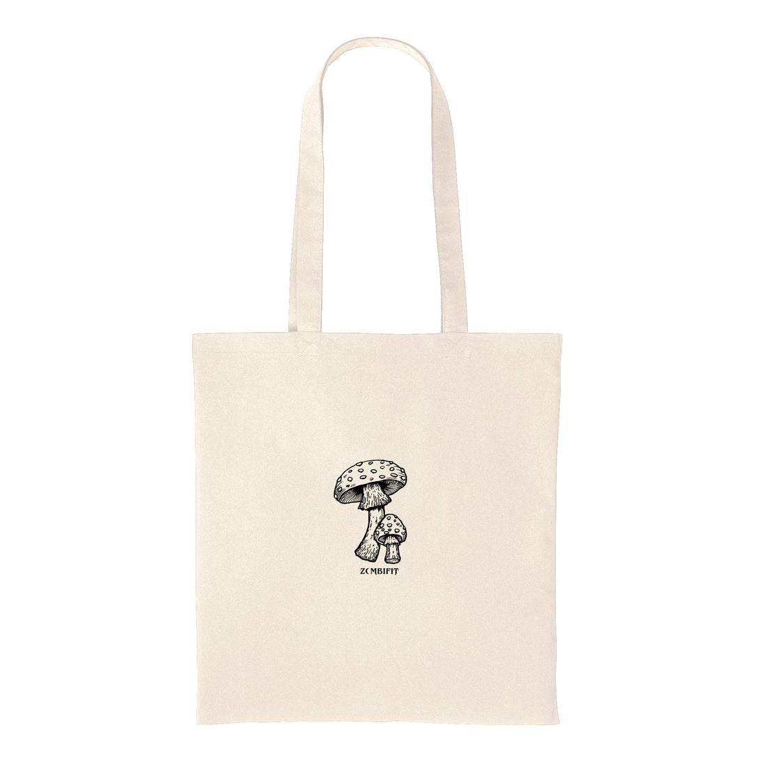 Beige tote bag with a black mushroom design on a white background